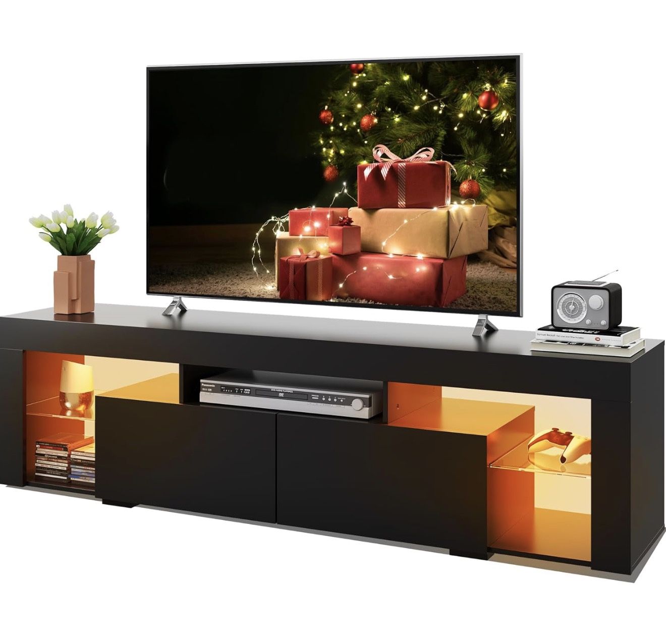 WLIVE TV Stand for 65 to 70 Inch TV, Modern Entertainment Center with LED Lights & 2 Large Storage Drawers, Wood TV Console for Living Room, Bedroom(B