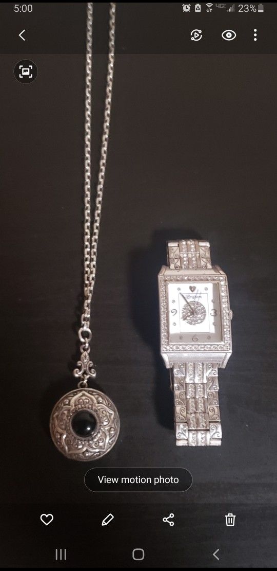 Brighton Diamond Bar Watch & Locket Necklace Silver Plated Black Cabochon Round Sunflower Chain 20"