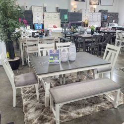 6 PCS DINING SET, ACACIA WOOD, WHITEWASH - [NEW]