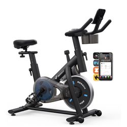 MERACH Exercise Bike, Brake Pad Stationary Bike with Exclusive App, Low Noise Indoor Cycling Bike with 300lbs Weight Capacity, Tablet Mount and Fitnes