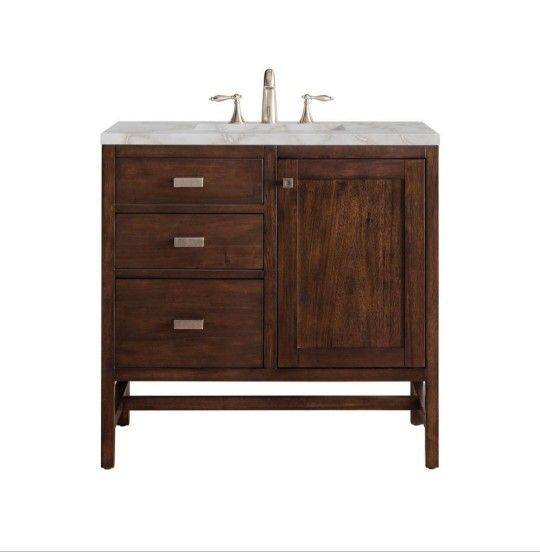 James Martin Vanities
Addison Single Vanity Mid-Century Acacia and Victorian Silver Quartz Top
