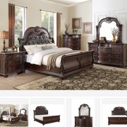 Cavalier Dark Cherry Upholstered Sleigh Bedroom Set ( Queen, king, twin, full bedroom set - bed frame- tall dresser, nightstand and chest, mattress op