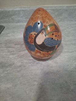 Painted Ceramic Duck Decorative Pottery Vase w/ Lid, Brown & Blue Bird Theme