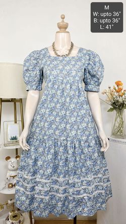 Vintage Blue Floral Puff Sleeve Dress