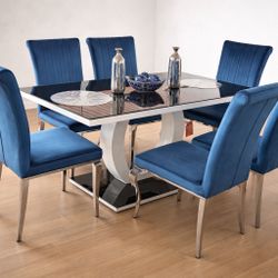 Moder Glass Dinning Set With Blue Chairs 