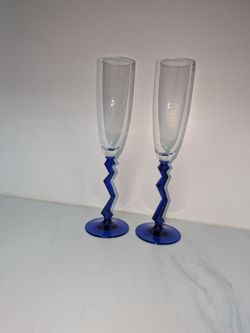 Vintage 1980s Schott Zwiesel "Eclair" Cobalt Blue Zigzag Champagne Flutes Pair