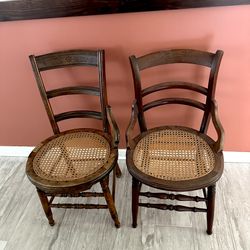 Pair of 2 Antique Wood & Cane Chairs Plant Stands Decor Vintage 