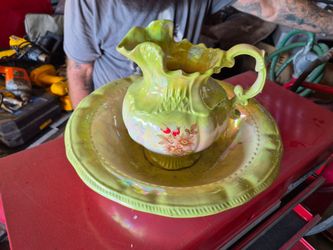 Vintage Green Iridescent Pitcher and Basin Set