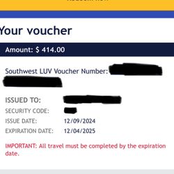 SOUTHWEST AIRLINES VOUCHER. MUST SELL TODAY TO PAY BILLS