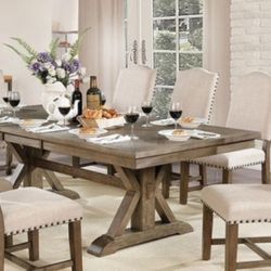Dining Table With 8 Chairs - Rustic Oak Dining Table  Trestle Base / Beige Fabric Chairs