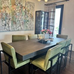 Set Of 8 Green Genuine Leather And Black Iron Dining Chairs