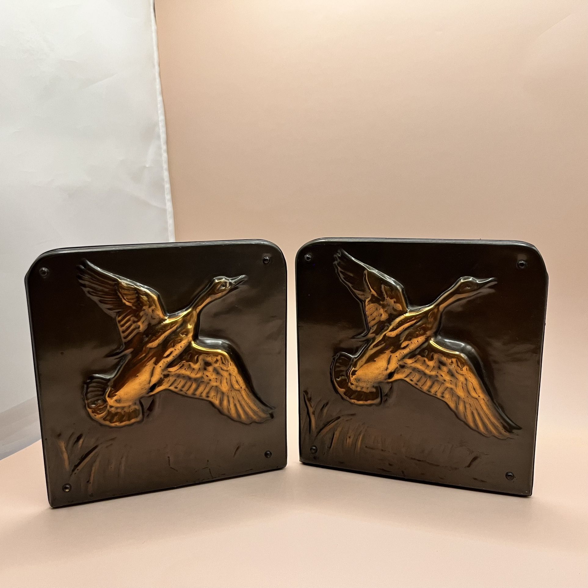 Vintage Pair of Copper Bookends - Mallard Ducks Flying Over a Marsh