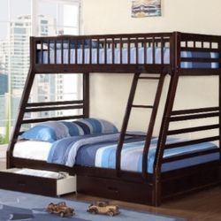 Cherry Color Full / Twin Wooden Bunkbed With Both Nice Mattresses Included  👈🏼 