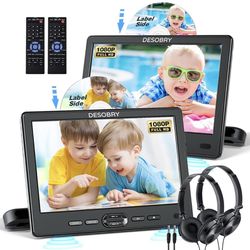 Car DVD Player Dual Screen with Headrest Mount, DESOBRY 10.5" Portable DVD Player for Car with Suction-Type Disc in, Play a Same or Two Different Movi