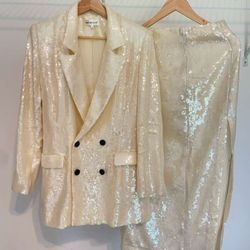 Gold Champagne Glitter Sparkling Suite Blazer & Maxi Skirt Size XL