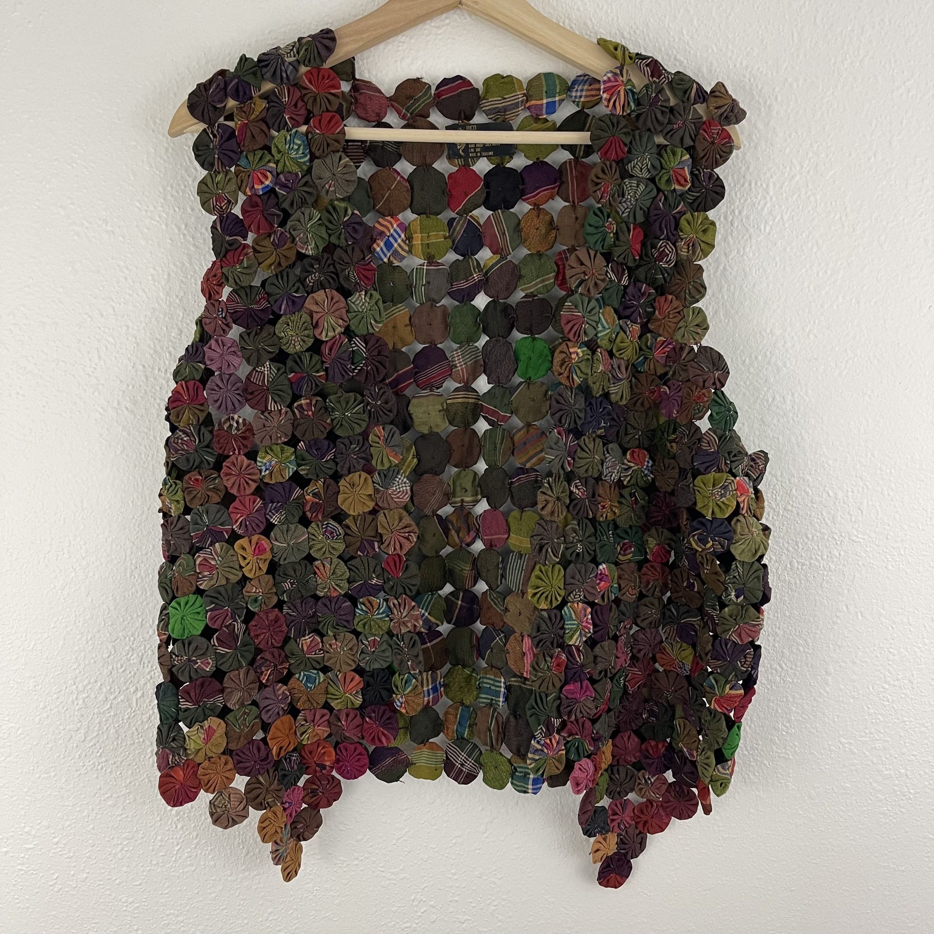 Vintage 90s Handmade Brown Green Multi Thai Silk Open Sleeveless Cardigan Vest