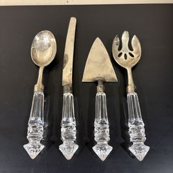 Crystal & Stainless Steel Cake Server, Knife, And Serving Spoons 