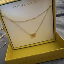 Kendra Scott Butterfly Multi-Strand Necklace - Coral Catseye Pendant 