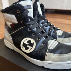 GUCCI GG Logo Sneaker Leather Suede Shearling Black White Men 9+ US 10.5 $760
