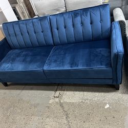 Convertible Sofa Sleeper Futon with Split Back Design Recline, Thick Padded Velvet-Touch Cushion Seating and Wood Legs, Blue