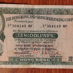 1972 China Hong Kong Vintage Large Size $10 Dollars Bill Banknote Currency 