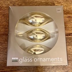 3 Martha Stewart everyday Glass woodland Ornaments teardrop in box Gold 5.9" NIB