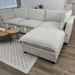Sand Boucle Kova Cloud Sectional Sofa With Storage Ottoman