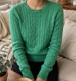 Green Cable Knit Crewneck Sweater