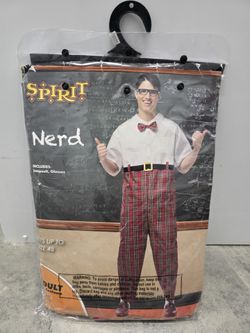Spirit Halloween Costume Nerd Dork Geek Glasses Black Suspenders Red Bow Tie