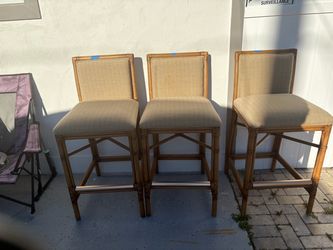 Set of 3 Rattan Bar Stools with Upholstered Seats