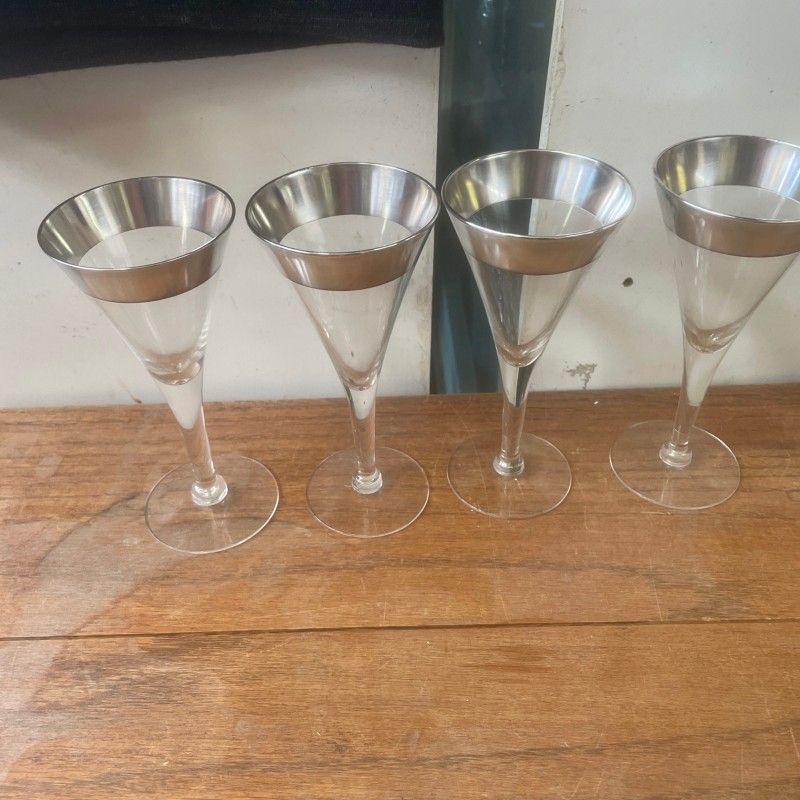 Vintage Art Deco Sterling Rim Set Four Martini Glass Glasses Set Four