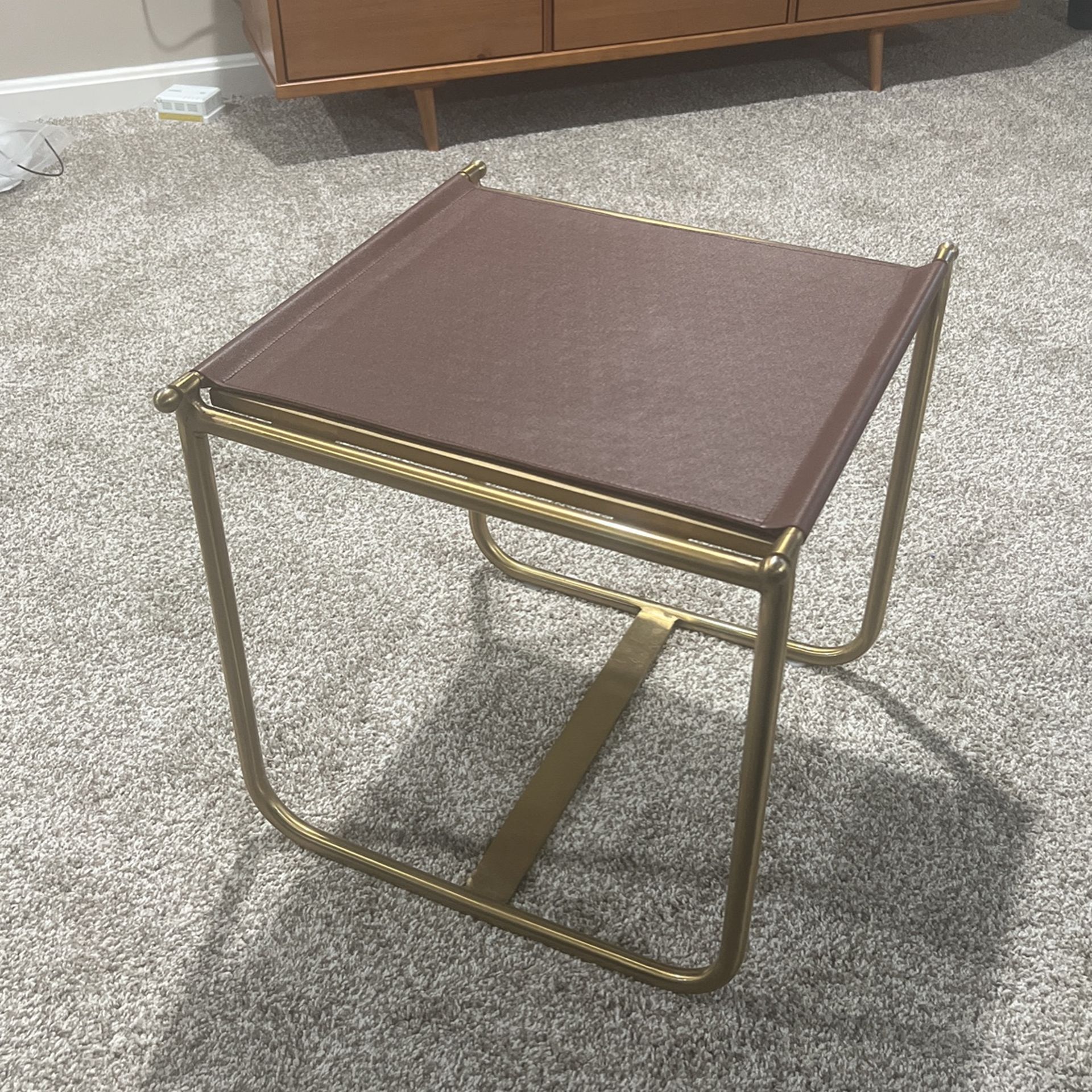 Brown Faux Leather Side Table With Gold Accents
