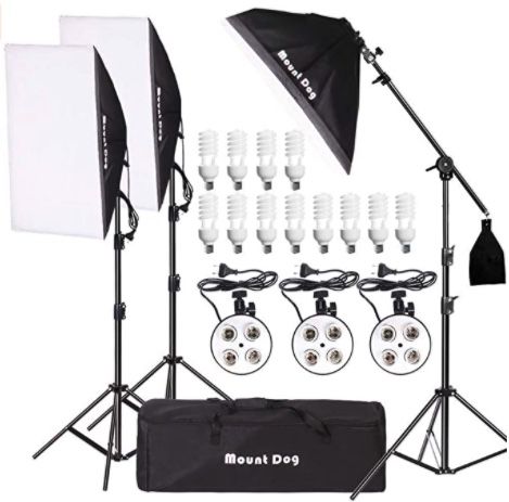 Photography Lighting Kit with 3 QTY 20”x28” softboxes and 12 QTY 45watt lightbulbs
