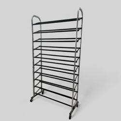 10 Tier Shoe Rack Tower 50 Pair Rolling Locking Wheels Non Slip Bars Portable