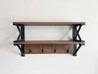 Industrial Wall Shelf with Coat Hooks