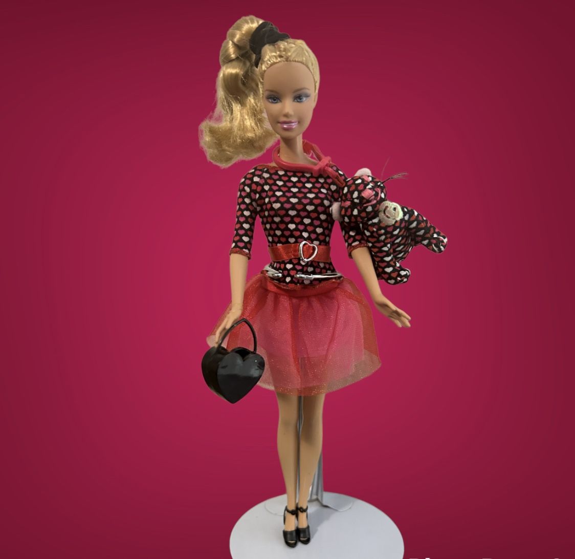 Valentines Day Barbie W/ Plush Cat Keychain Clip 2007