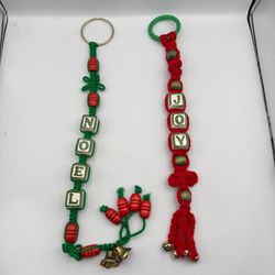 Vintage Macrame Christmas Door Hangers Noel Joy Red Green Jingle Bells Set of 2