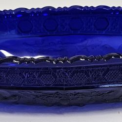 Vintage Indiana Glass Tiara Cobalt Blue Birds & Strawberries Oval Bowl