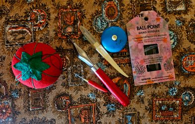 Vintage Sewing Kit with Tomato Pincushion and Sewing Tools