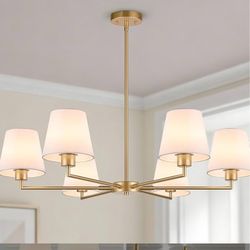 36" Gold Dining Room Light Fixture, No Assembly Required 6-Lights Kitchen Chandelier for Dining Room with White Fabric Shade, Chandelier Ceiling Light