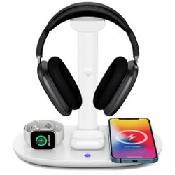 0595: NEW Headphone Stand with 4 in 1 Wireless Charger -Headset Holder & Station Dock for Apple Watch, AirPods Max/Pro/2/ iPhone 13/12/11, LG, Samsung