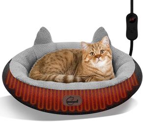 New In Box Heated Cat Bed for Small Size Cats, Heated Pet Bed with Timer & Temp Adjustable, Removable Waterproof Pet Heating Pad for Indoor, Gray Cozy