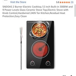 SNDOAS 2 Burner Electric Cooktop,12 inch Built-in 3000W and 9 Power Levels Glass Ceramic Stove Top,Electric Stove with Knob Control,Hardwired 240V for