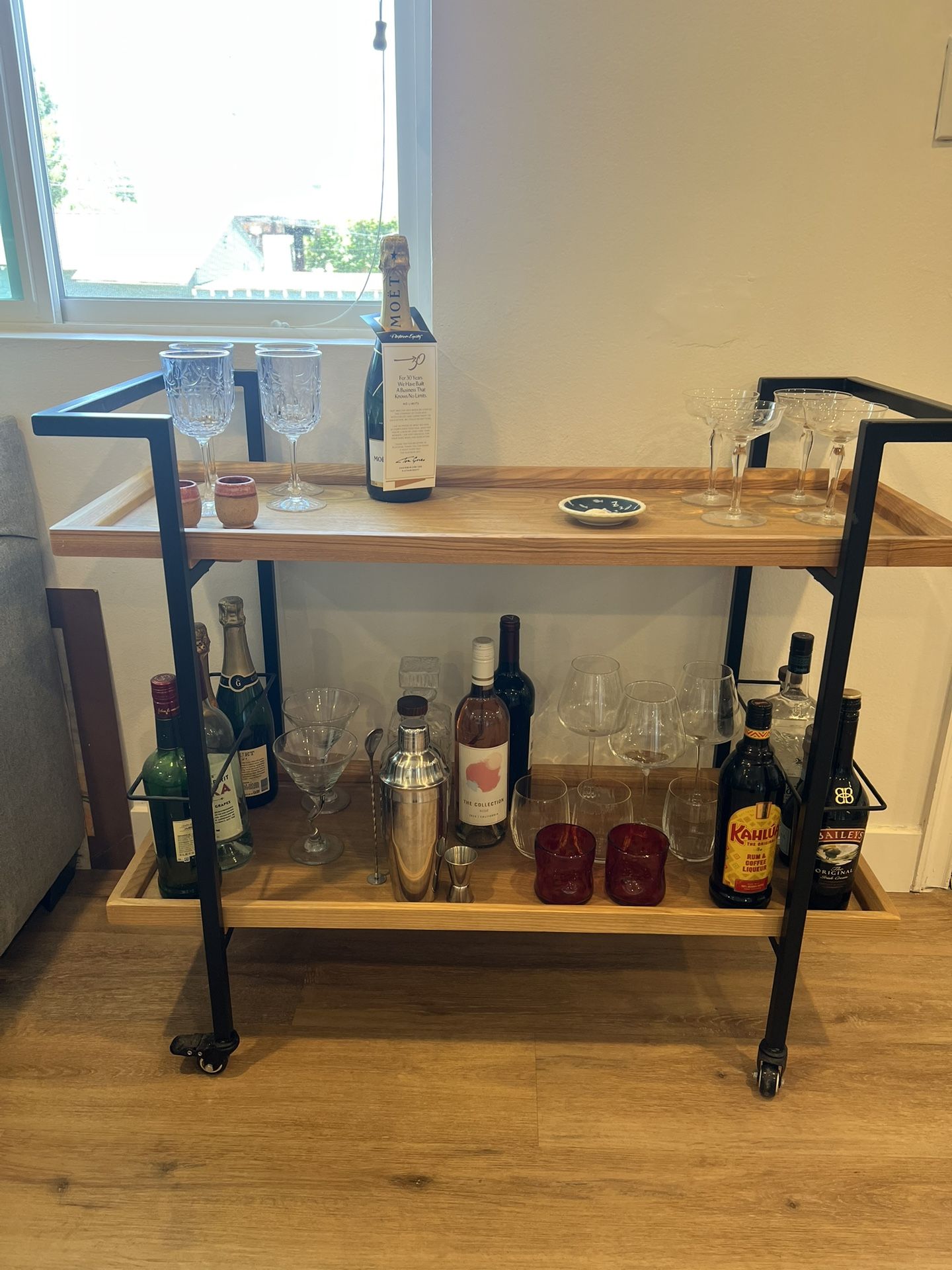 Natural Wood Metal Bar Cart