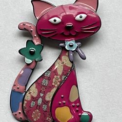 Cute Cat Brooch/Pin Multi Colored Enamel On Metal