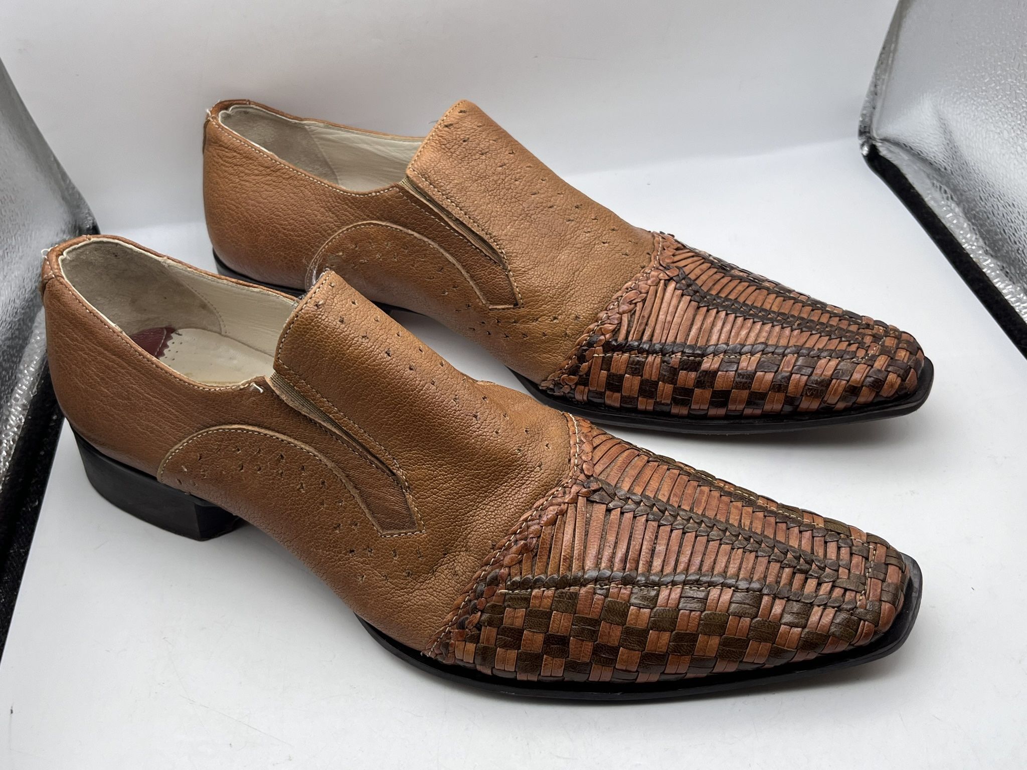 Jo Ghost Brown Basket Weave Italian Slip On Dress Shoe Leather Italy Made SZ 41