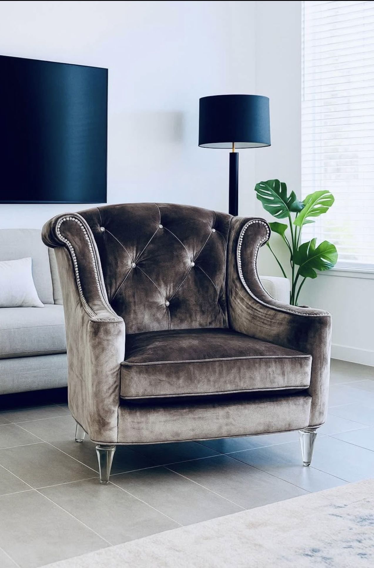 Michael Amini Light Grey Velvet Tufted French Armchair w/ Crystal Accents  (Negotiable)