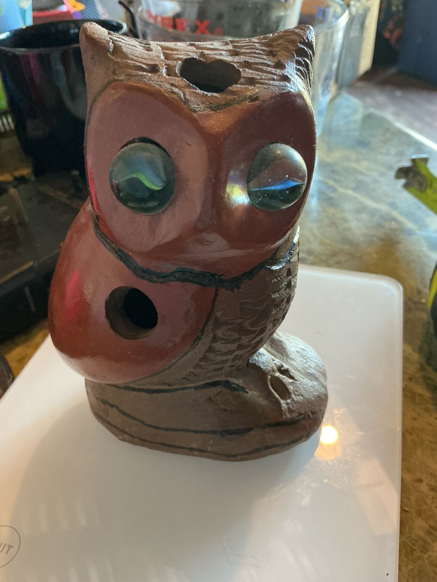 Vintage 6 inch owl with marble eyes see pictures 
