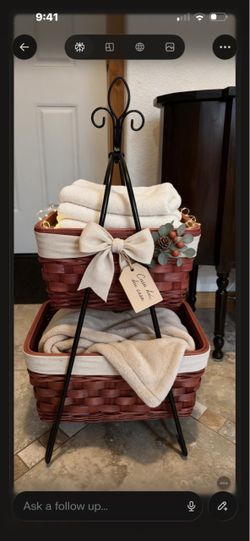 2-Tier Woven Basket Stand with Metal Frame