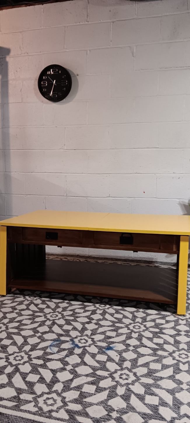 Yellow Top and Dark Oak Stain Coffee Table With Center Riser